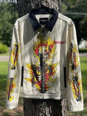 Teddy Fresh Up in Flames Jacket Skeleton Graphic Workwear Streetwear Unisex M